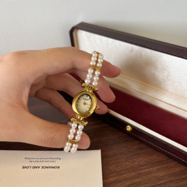 Elegant White Double Row Bead Gold Round Dial Watch for Women
