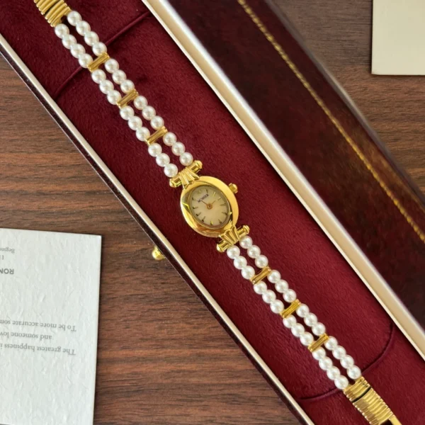 Elegant White Double Row Bead Gold Round Dial Watch for Women