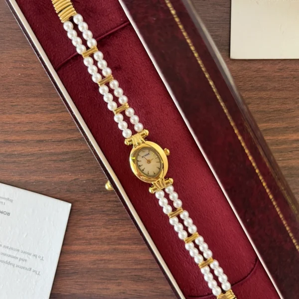 Elegant White Double Row Bead Gold Round Dial Watch for Women