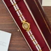 Elegant White Double Row Bead Gold Round Dial Watch for Women