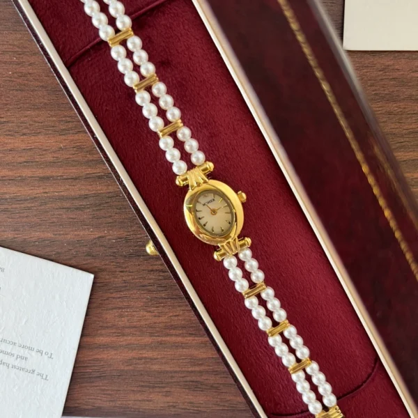 Elegant White Double Row Bead Gold Round Dial Watch for Women
