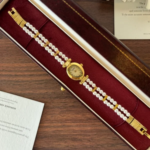 Elegant White Double Row Bead Gold Round Dial Watch for Women