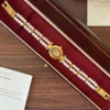 Elegant White Double Row Bead Gold Round Dial Watch for Women