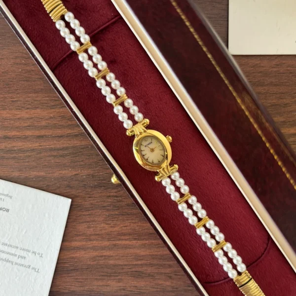Elegant White Double Row Bead Gold Round Dial Watch for Women