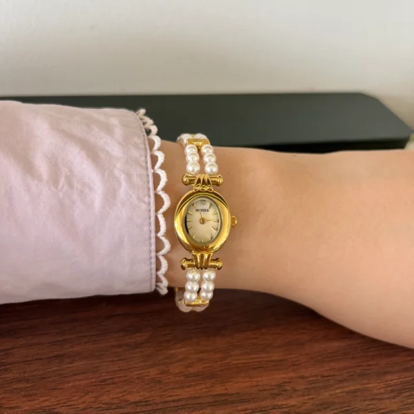 Elegant White Double Row Bead Gold Round Dial Watch for Women