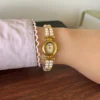 Elegant White Double Row Bead Gold Round Dial Watch for Women