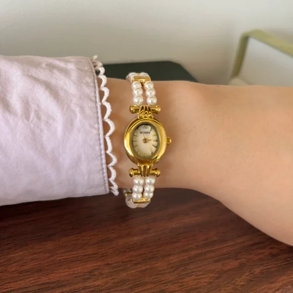 Elegant White Double Row Bead Gold Round Dial Watch for Women