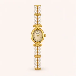 823-main Elegant White Double Row Bead Gold Round Dial Watch for Women