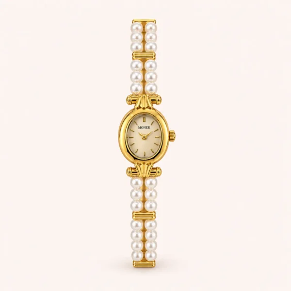 Elegant White Double Row Bead Gold Round Dial Watch for Women