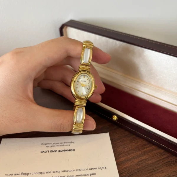 Elegant Pale Rectangle Accent Gold Oval Dial Watch for Women