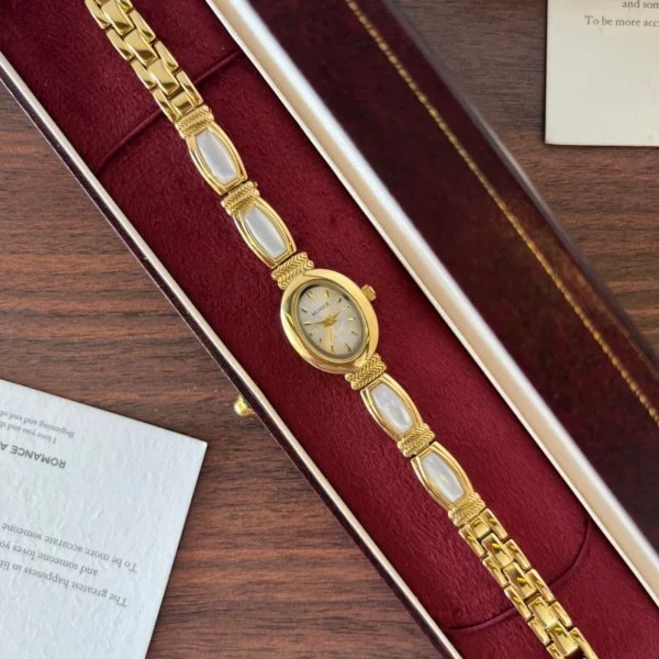 Elegant Pale Rectangle Accent Gold Oval Dial Watch for Women