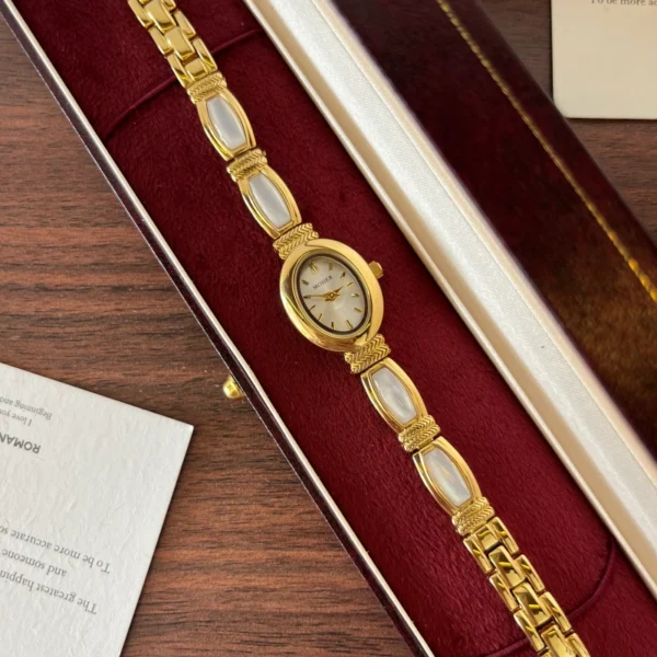 Elegant Pale Rectangle Accent Gold Oval Dial Watch for Women