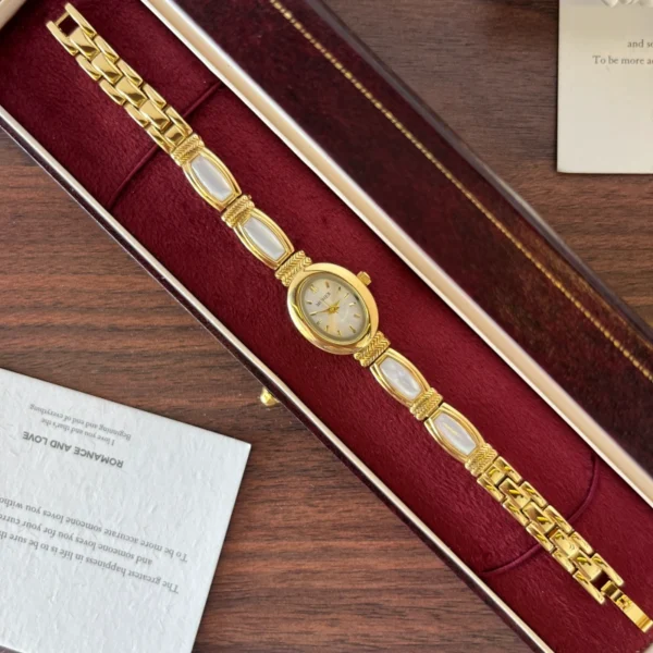 Elegant Pale Rectangle Accent Gold Oval Dial Watch for Women