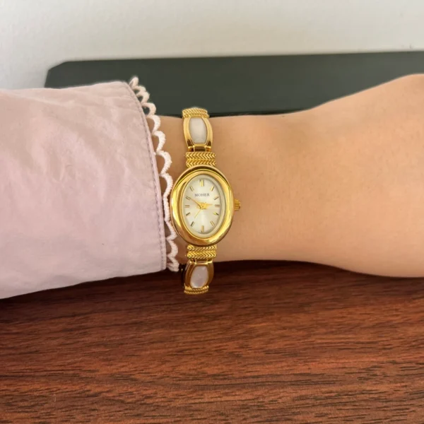 Elegant Pale Rectangle Accent Gold Oval Dial Watch for Women