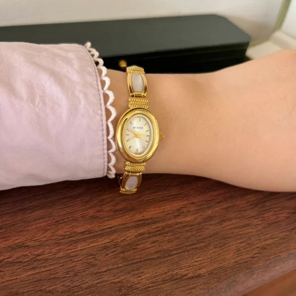 Elegant Pale Rectangle Accent Gold Oval Dial Watch for Women