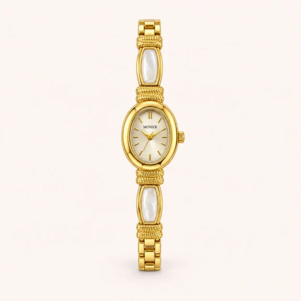 Elegant Pale Rectangle Accent Gold Oval Dial Watch for Women
