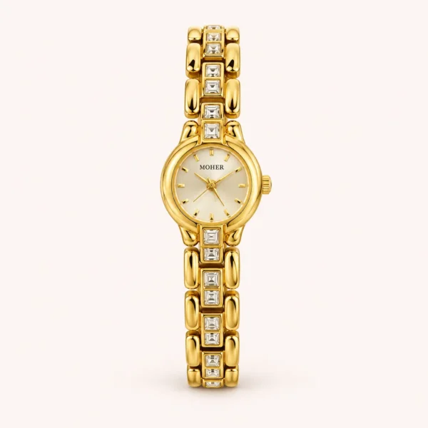 Classic Gold Round Dial Rectangular Link Bracelet Watch for Women