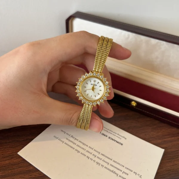 Elegant Gold Sunburst Round Dial Slim Bracelet Watch for Women