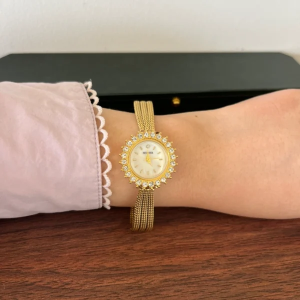 Elegant Gold Sunburst Round Dial Slim Bracelet Watch for Women