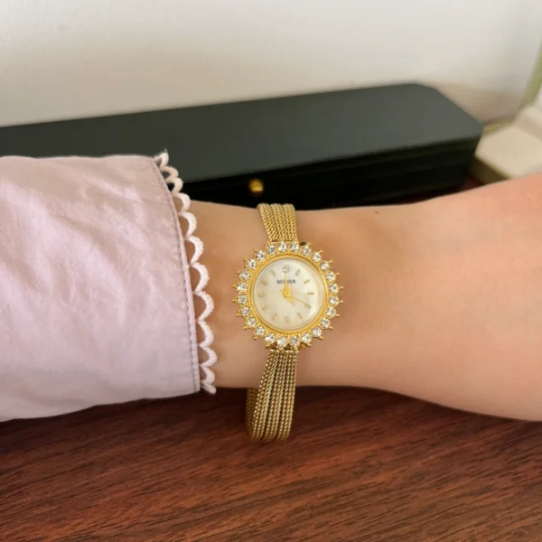 Elegant Gold Sunburst Round Dial Slim Bracelet Watch for Women