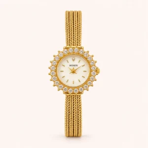 829-main Elegant Gold Sunburst Round Dial Slim Bracelet Watch for Women