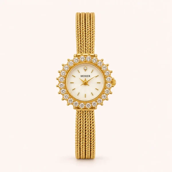 Elegant Gold Sunburst Round Dial Slim Bracelet Watch for Women