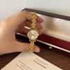 Classic Pale Round Dial Gold Double Chain Bracelet Watch for Women