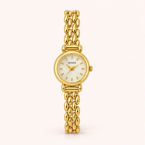Classic Pale Round Dial Gold Double Chain Bracelet Watch for Women