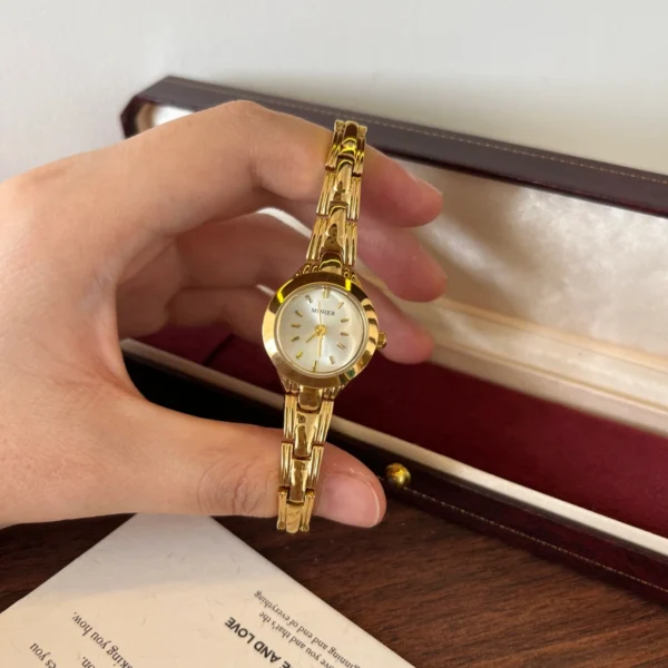 Classic Gold Round Dial Slim Patterned Bracelet Watch for Women