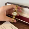 Classic Gold Round Dial Slim Patterned Bracelet Watch for Women