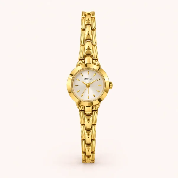 Classic Gold Round Dial Slim Patterned Bracelet Watch for Women