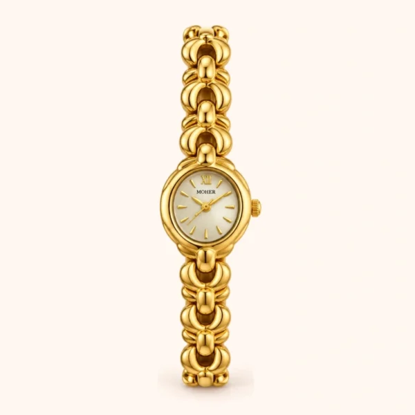 Classic Pale Oval Dial Gold Curved Link Bracelet Watch for Women