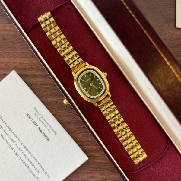 Classic Green Round Dial Gold Multi Row Bracelet Watch for Women