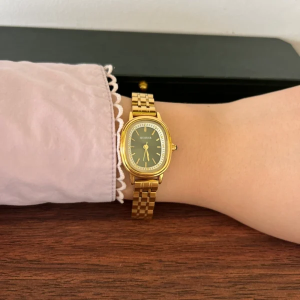 Classic Green Round Dial Gold Multi Row Bracelet Watch for Women