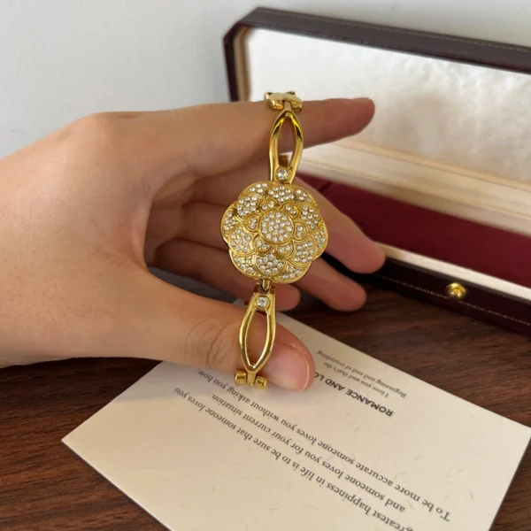 Elegant Gold Floral Dial Open Link Bracelet Watch for Women