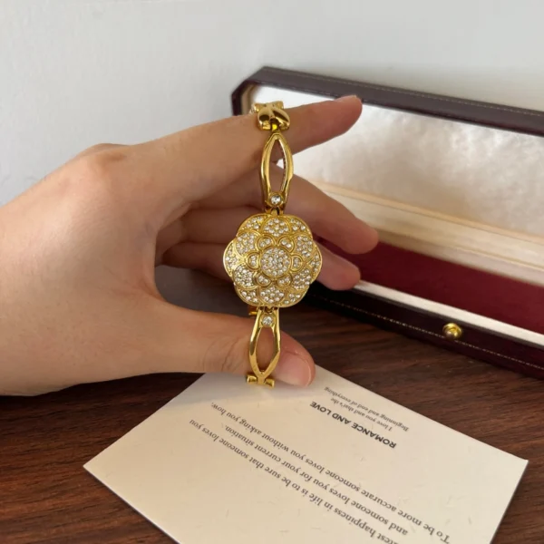 Elegant Gold Floral Dial Open Link Bracelet Watch for Women