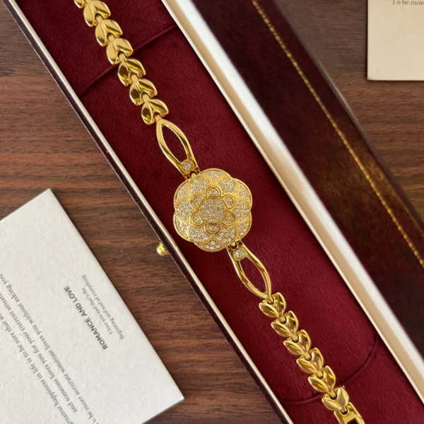 Elegant Gold Floral Dial Open Link Bracelet Watch for Women
