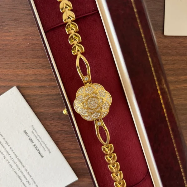 Elegant Gold Floral Dial Open Link Bracelet Watch for Women