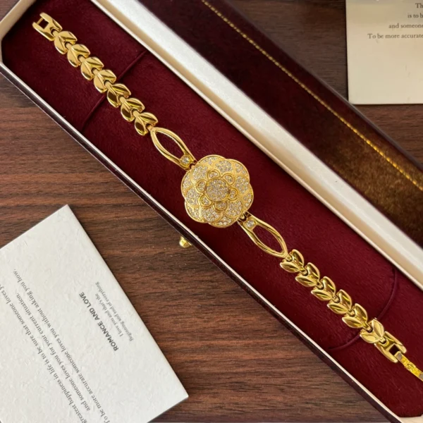 Elegant Gold Floral Dial Open Link Bracelet Watch for Women