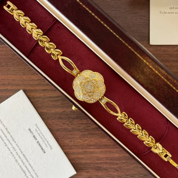 Elegant Gold Floral Dial Open Link Bracelet Watch for Women