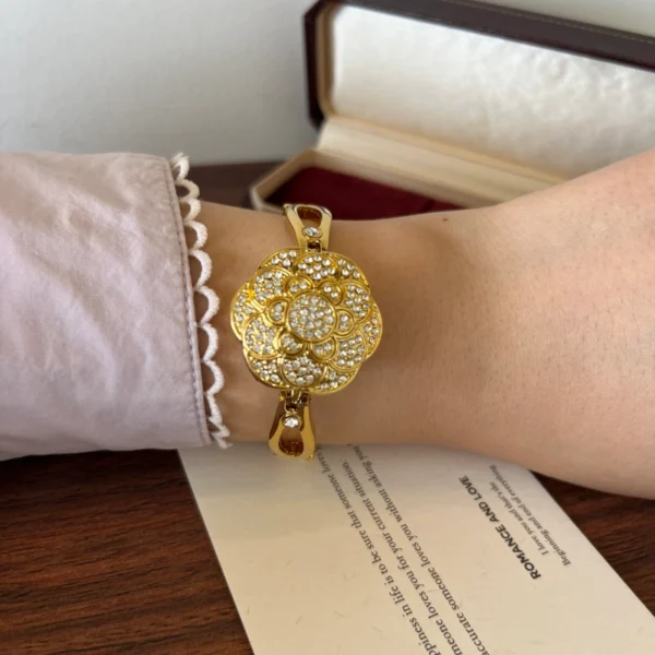 Elegant Gold Floral Dial Open Link Bracelet Watch for Women