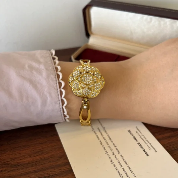 Elegant Gold Floral Dial Open Link Bracelet Watch for Women