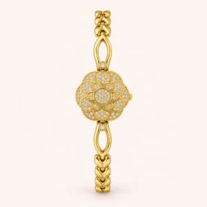 Elegant Gold Floral Dial Open Link Bracelet Watch for Women
