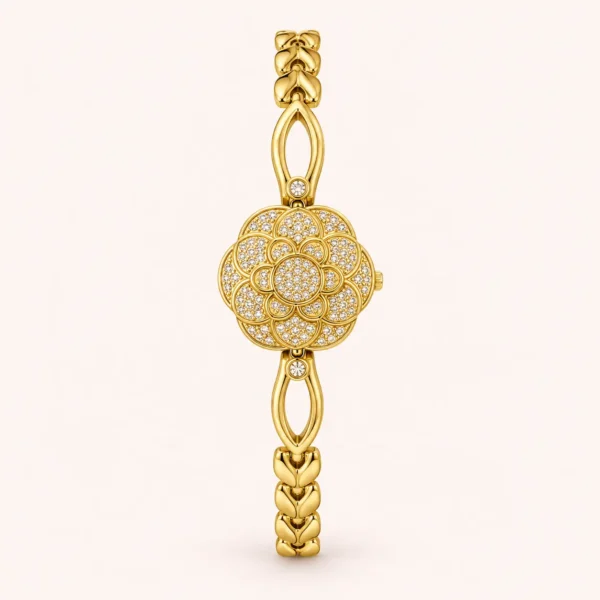 Elegant Gold Floral Dial Open Link Bracelet Watch for Women