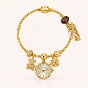 Elegant Gold Round Dial Floral Charm Bangle Watch for Women