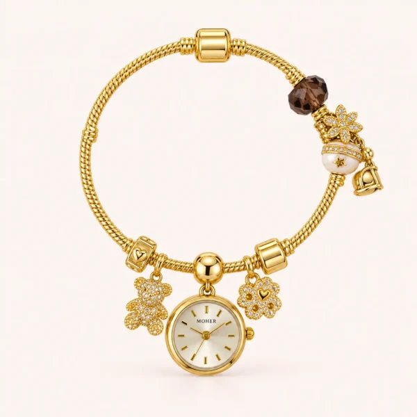 Elegant Gold Round Dial Floral Charm Bangle Watch for Women