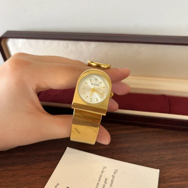 Classic Gold Round Dial Wide Cuff Watch for Women