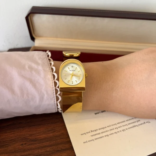 Classic Gold Round Dial Wide Cuff Watch for Women
