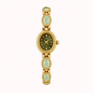 Dainty Gold Oval Green Jade Bracelet Watch for Women