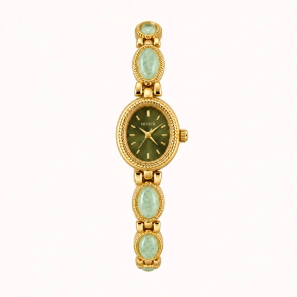 Dainty Gold Oval Green Jade Bracelet Watch for Women